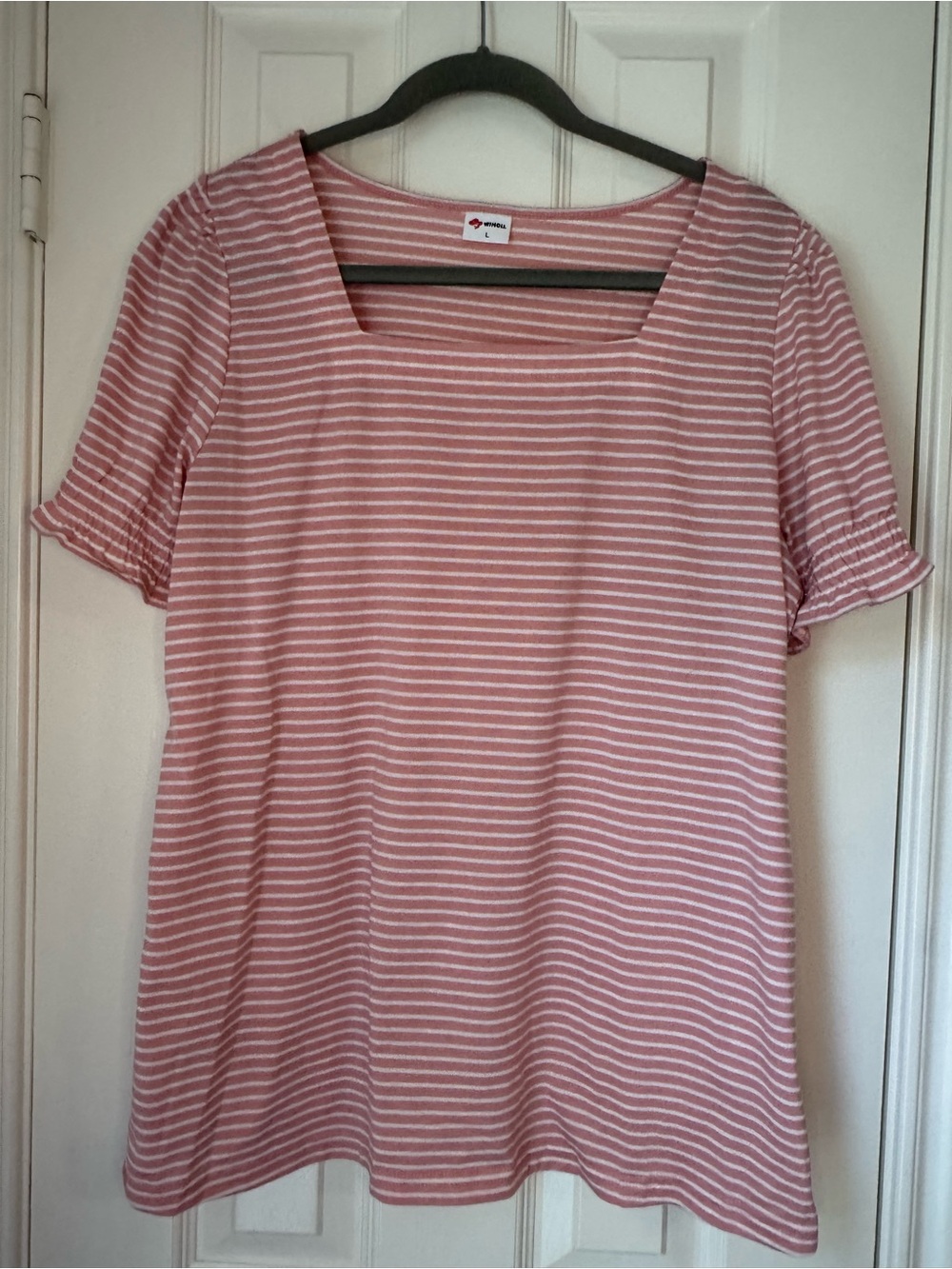 Women’s Short-Sleeve Square-Neck Striped Tee in Dusty Rose - Unbranded